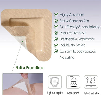 LotFancy Silicone Foam Dressing, Wound Dressing with Border, Bed Sores, Pressure Ulcers Healing Bandage Pad, Highly Absorbent, Waterproof