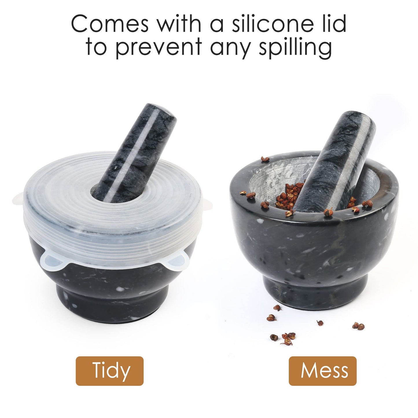 LotFancy Mortar and Pestle Set, 5 inch Large Black Solid Marble Mortar for Guacamole
