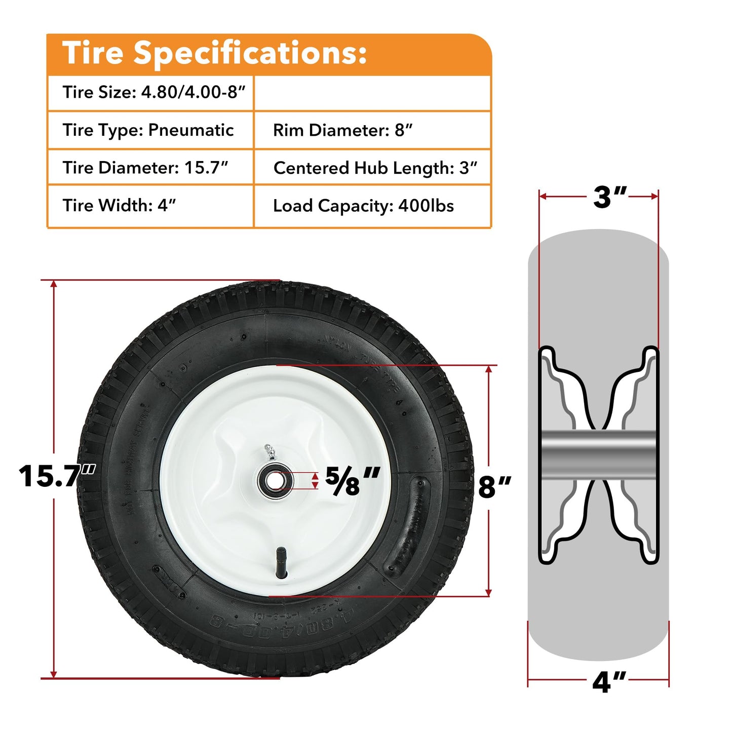 LotFancy 4.80/4.00-8” Tire and Wheel, 2 Pack 16” Pneumatic Wheelbarrow Tire, 5/8” Bearings, 3-7” Centered Hub, Replacement for Wheelbarrows, Garden and Utility Carts, Trolleys, Wagon