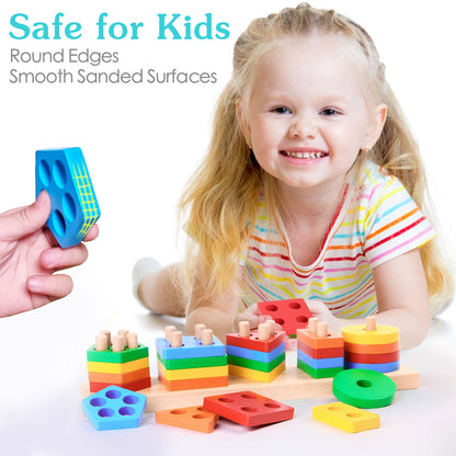 LotFancy Montessori Toys for Ages 1 2 3 Toddlers Boys Girls, Wooden Shape Sorting & Stacking Toy