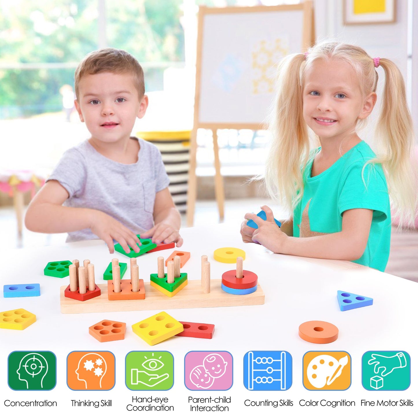 LotFancy Montessori Toys for Ages 1 2 3 Toddlers Boys Girls, Wooden Shape Sorting & Stacking Toy