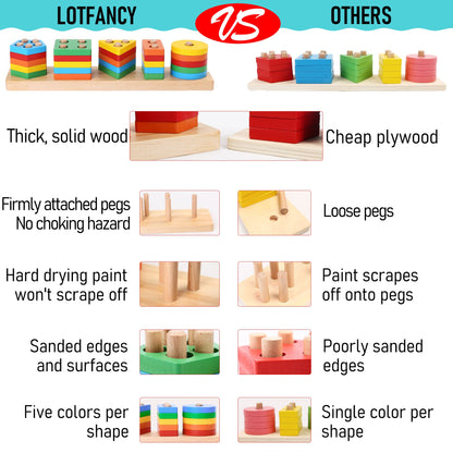 LotFancy Montessori Toys for Ages 1 2 3 Toddlers Boys Girls, Wooden Shape Sorting & Stacking Toy