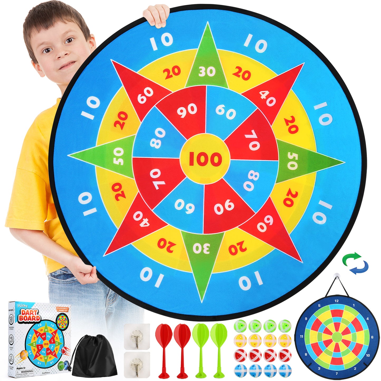 LotFancy 26 in Dart Board for Kids, Double Sided Dart Board Game Gift for Boys Girls