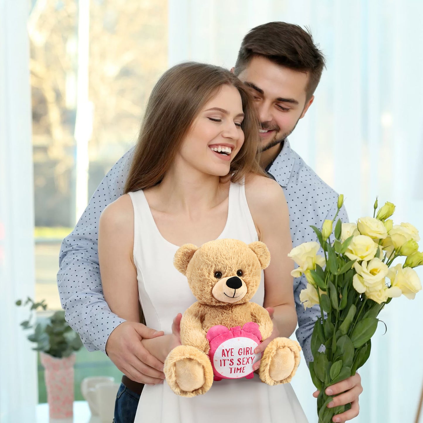 BenBen Teddy Bear for Girlfriend, 12 inch Teddy Bear Stuffed Animal with Pink Clock, Funny Plush Bear Toy Gift for Her, Women, Wife on Christmas Valentine's Day Anniversary