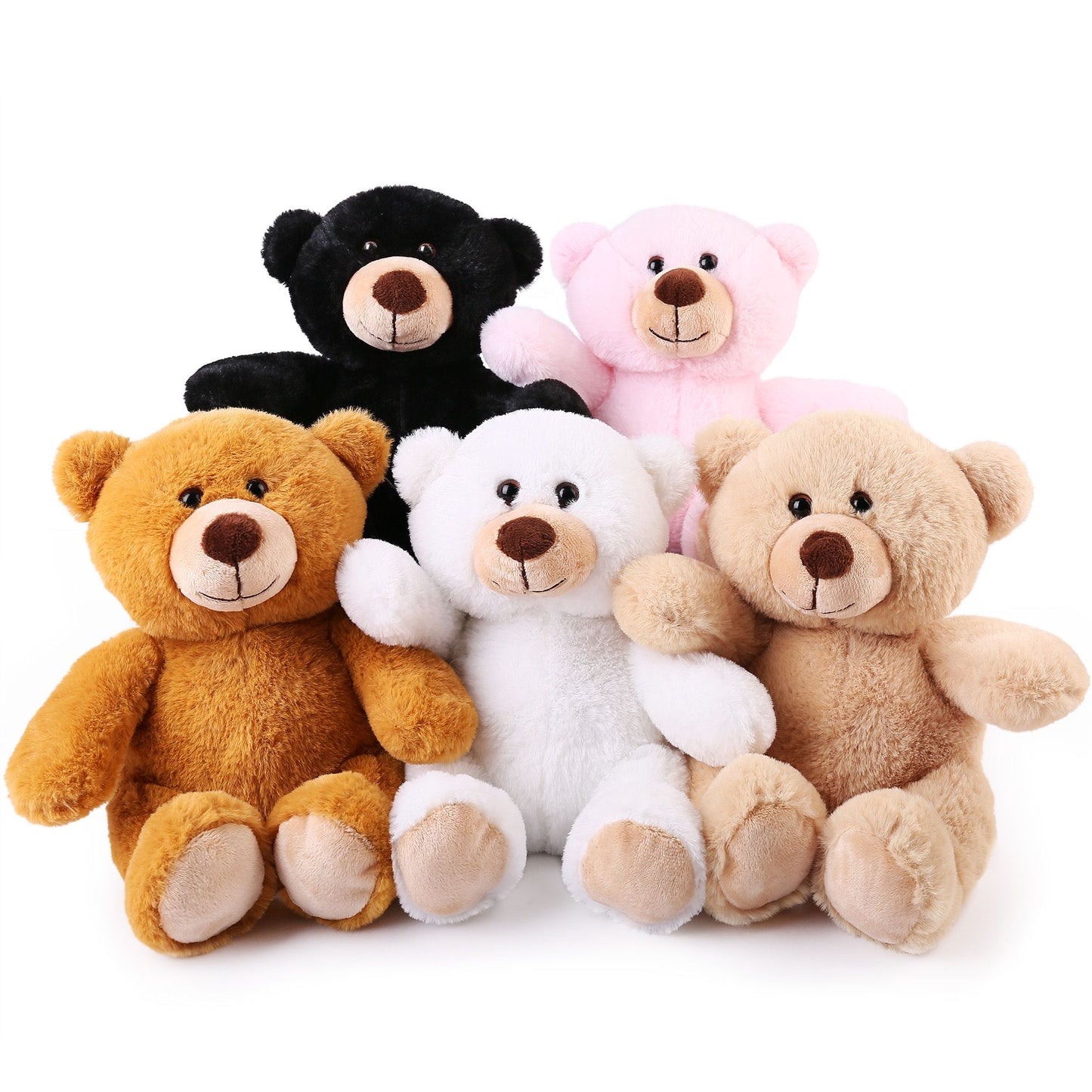 BenBen Teddy Bear Stuffed Animal, Set of 5, 10 inch Teddy Bear Bulk, Baby Bear Plush Toy for Baby Shower Decoratin, Gifts for Kids Baby (Brown/Dark Brown/White/Pink/Black)