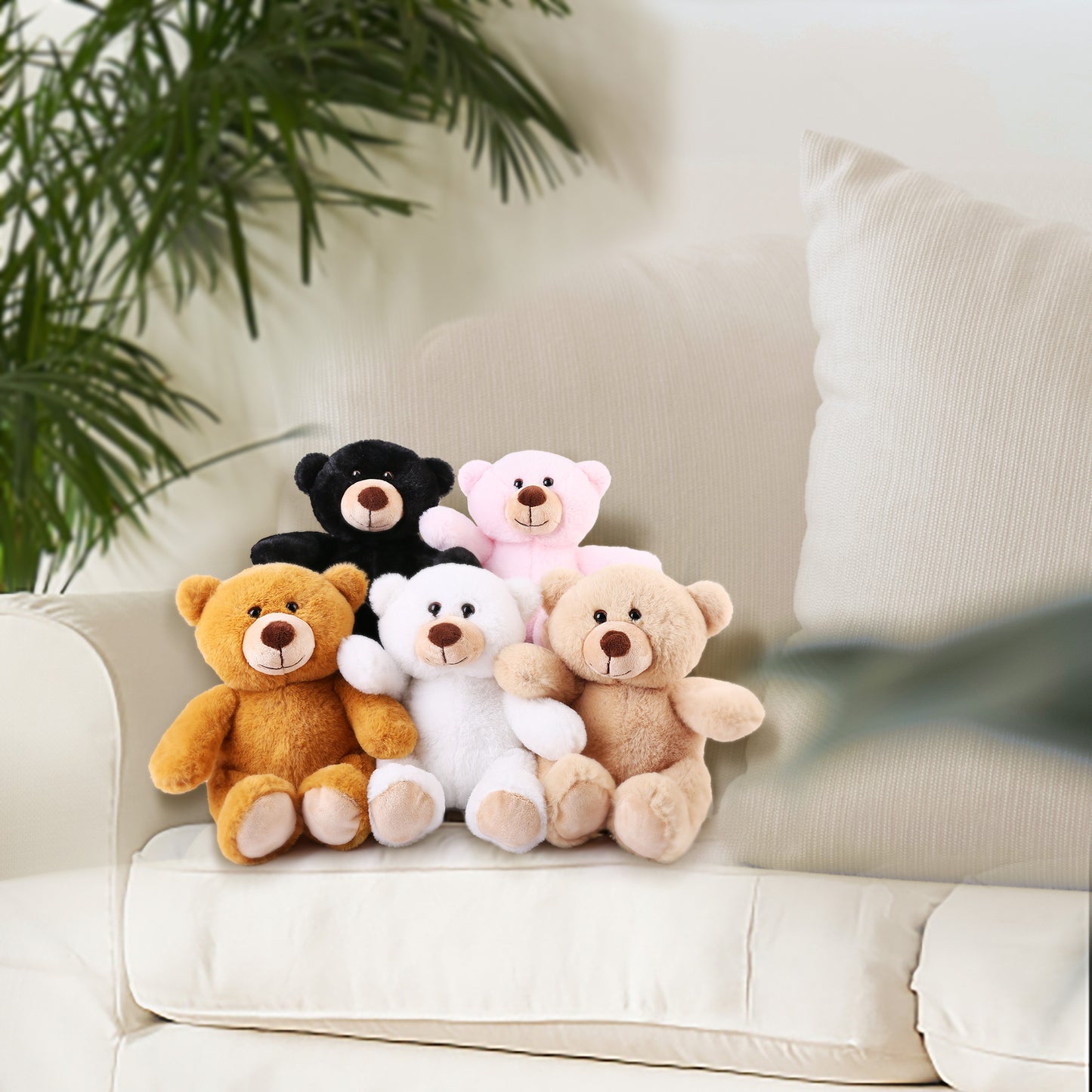 BenBen Teddy Bear Stuffed Animal, Set of 5, 10 inch Teddy Bear Bulk, Baby Bear Plush Toy for Baby Shower Decoratin, Gifts for Kids Baby (Brown/Dark Brown/White/Pink/Black)