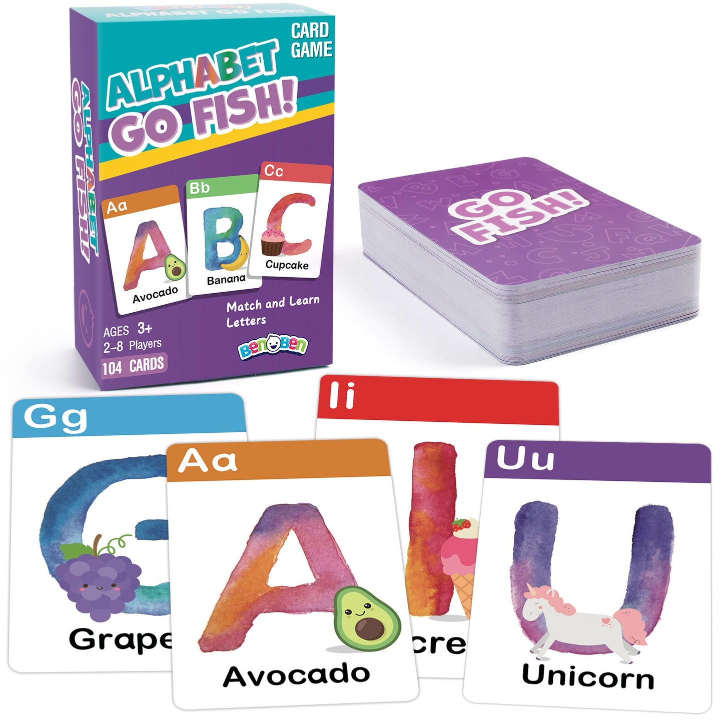 BenBen Alphabet Go Fish Card Game for Kids,104 Cards, Oversized ABC Learning Playing Cards, Memory Matching Games, 2-8 Players, Ages 3 and up, Easter Basket Stuffers, Stocking Stuffers