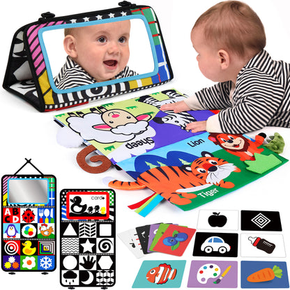 LotFancy Baby Toys 0-6 Months, Tummy Time Mirror Toy, Newborn Toys 0-3 Months Brain Development with Crinkle Cloth Book and High Contrast 20pc Flashcards, Montessori Infant Crawling Sensory Toys