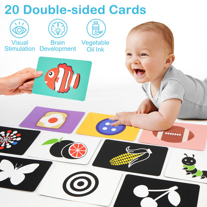 LotFancy Baby Toys 0-6 Months, Tummy Time Mirror Toy, Newborn Toys 0-3 Months Brain Development with Crinkle Cloth Book and High Contrast 20pc Flashcards, Montessori Infant Crawling Sensory Toys