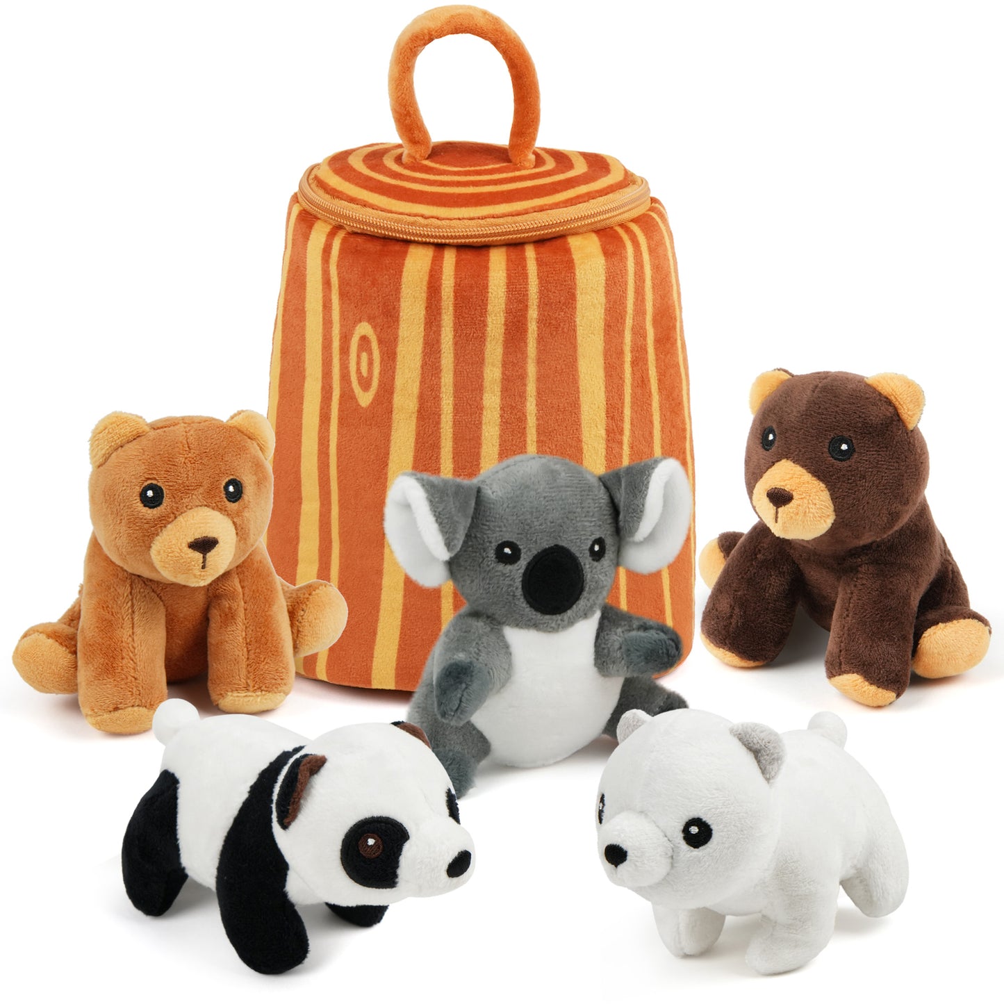 BenBen Forest Stuffed Animals, Small Bear Plush Toy with Tree Stump Carrier Set for Kids Boys Girls WMT