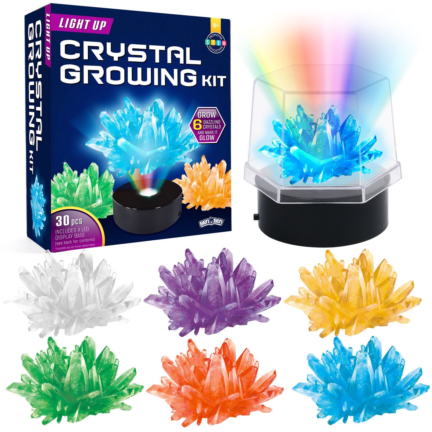 BenBen Crystal Growing Kit, Grow 6 Crystals with Light Up Display Stand, Science Kit for Kids Ages 8-14, Educational STEM Toy, Gift for Boys Girls Teens PMT