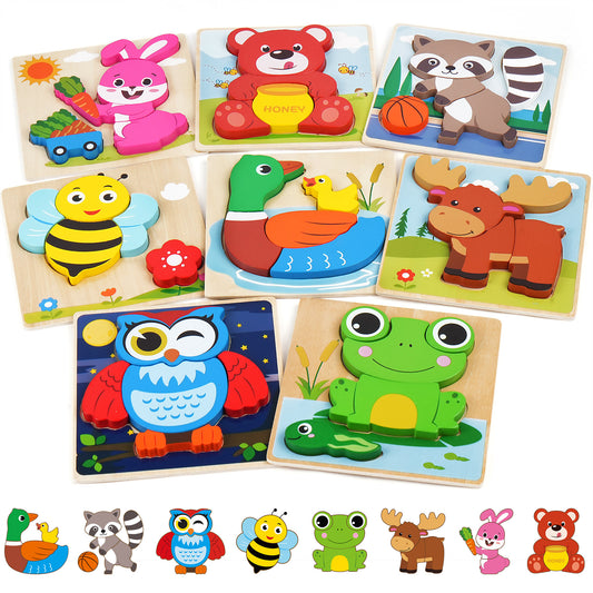 BenBen Wooden Puzzles for Toddlers 1-3, 8 Pack Animal Toddler Puzzles, Montessori Toys for 1 2 3 Year Old Boys Girls, Learning Educational Preschool Toys