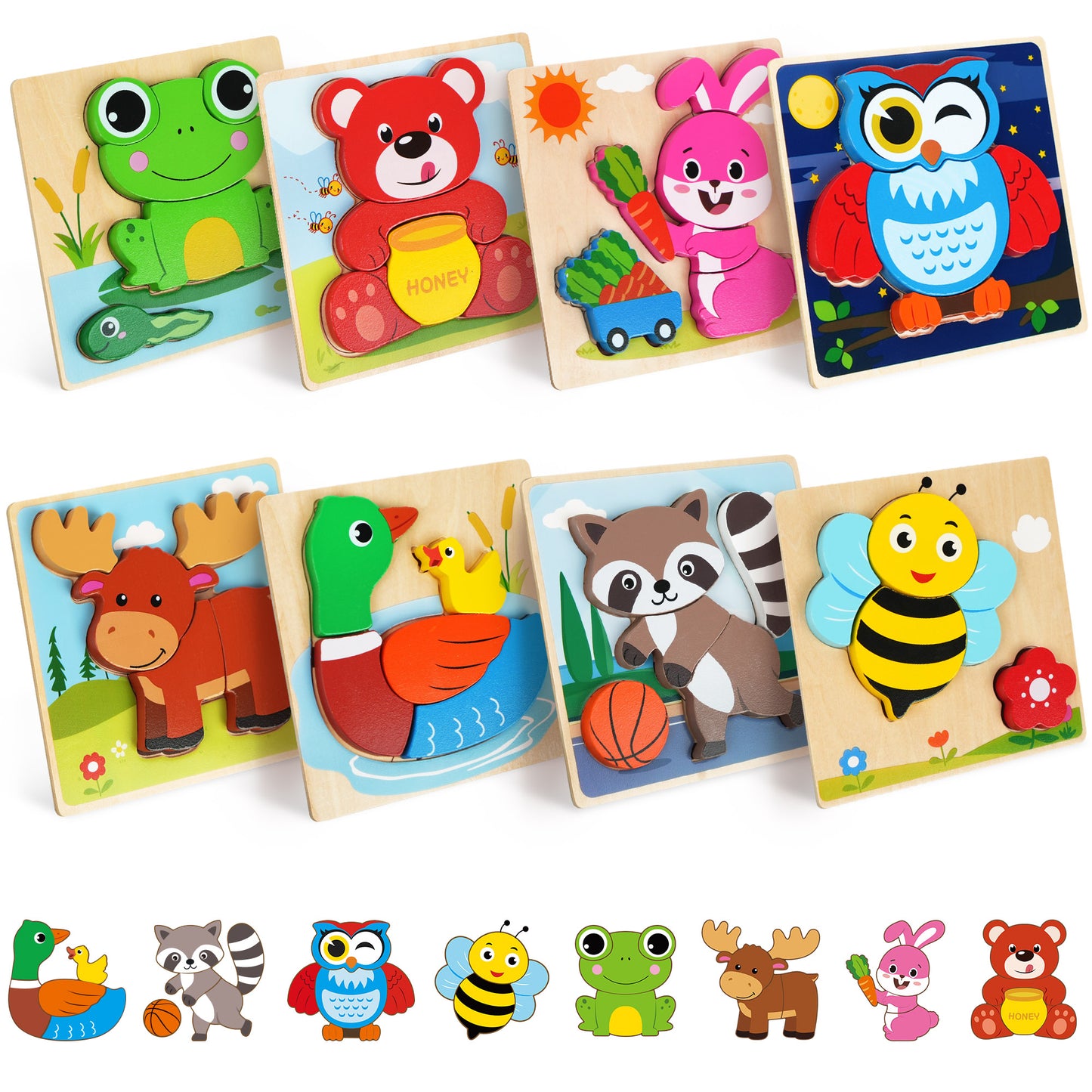 BenBen Wooden Puzzles for Toddlers 1-3, 8 Pack Animal Toddler Puzzles, Montessori Toys for 1 2 3 Year Old Boys Girls, Learning Educational Preschool Toys