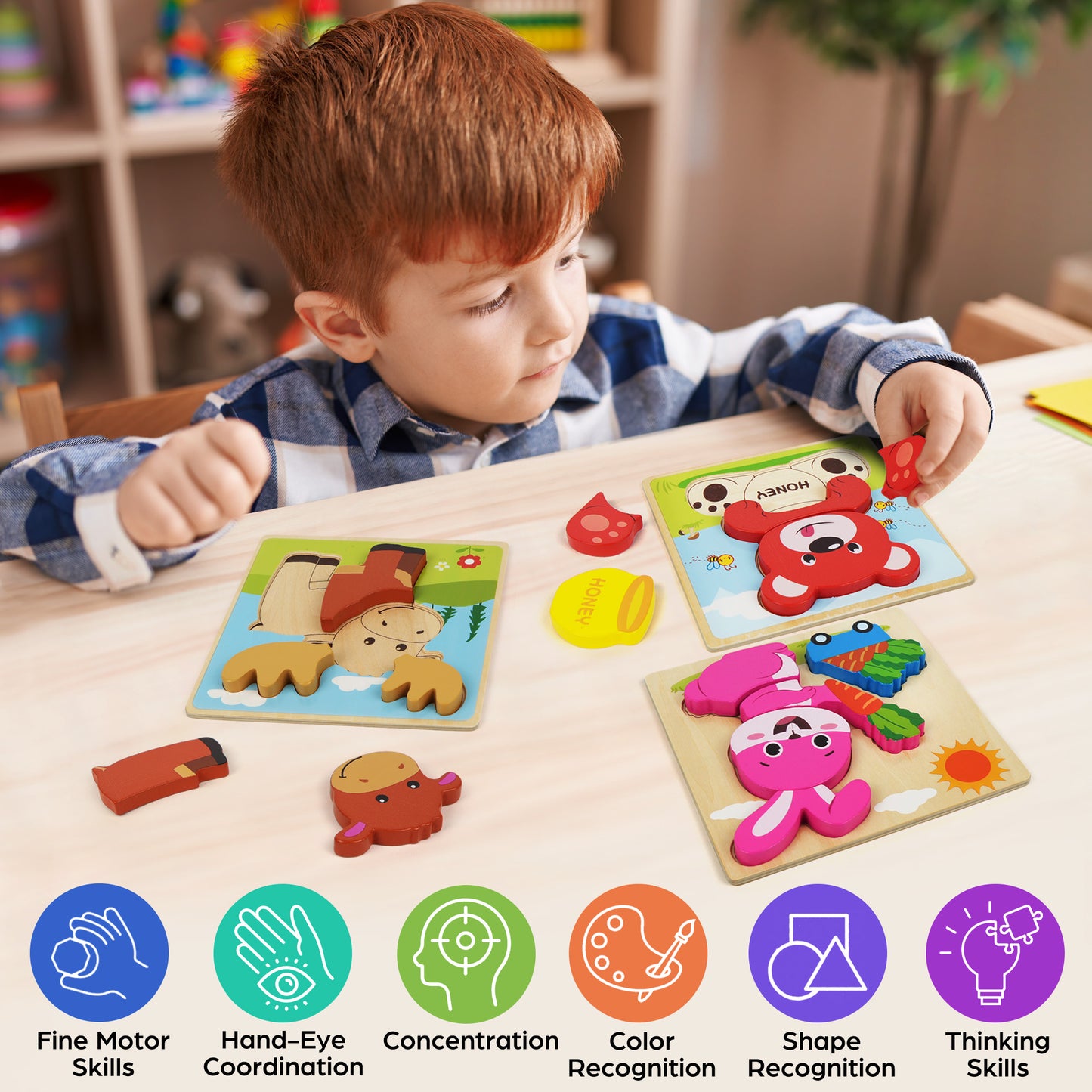 BenBen Wooden Puzzles for Toddlers 1-3, 8 Pack Animal Toddler Puzzles, Montessori Toys for 1 2 3 Year Old Boys Girls, Learning Educational Preschool Toys