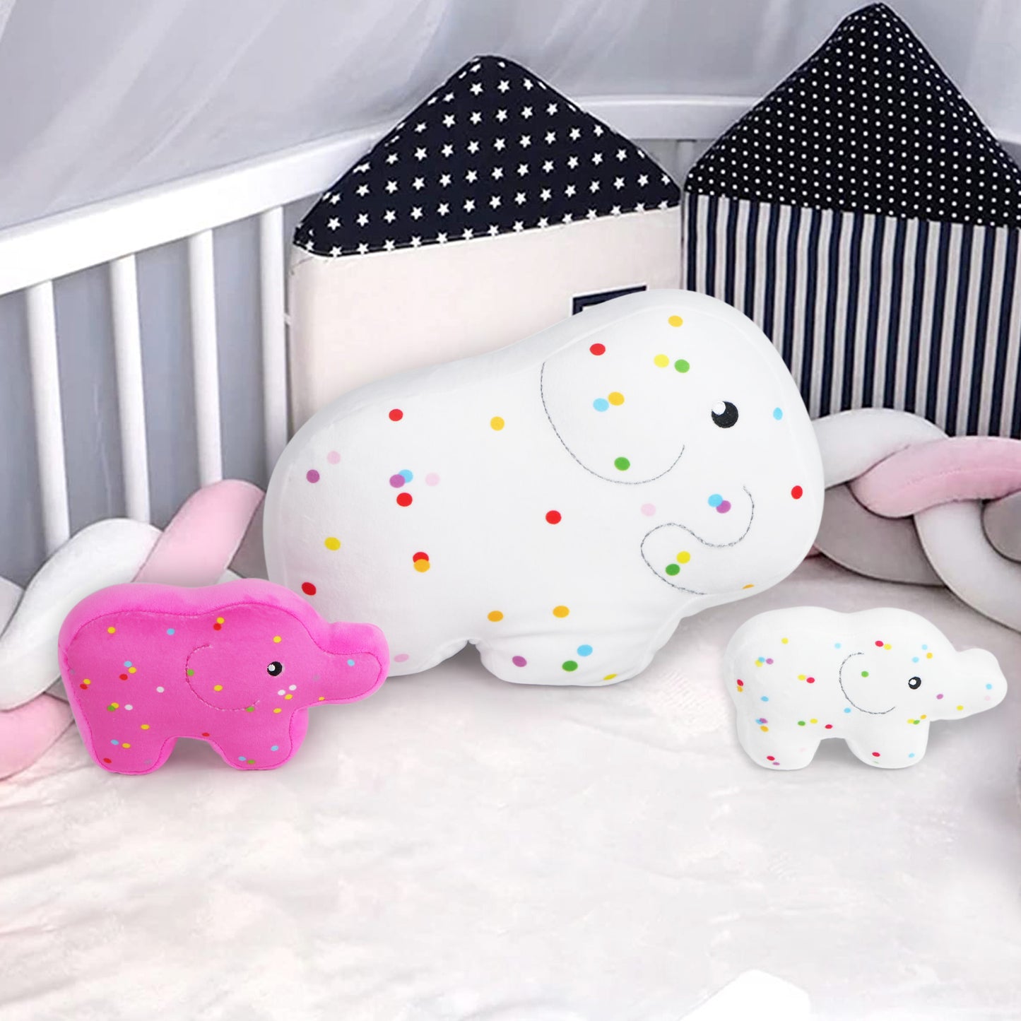 BenBen Elephant Plush Toys, Set of 3, 14”, 10” and 7.5” Cute Elephant Family Stuffed Animal Cookies, Kawaii Food Plushies Pillows, Fun Decorative Plush for Room Décor, White and Hot Pink PMT