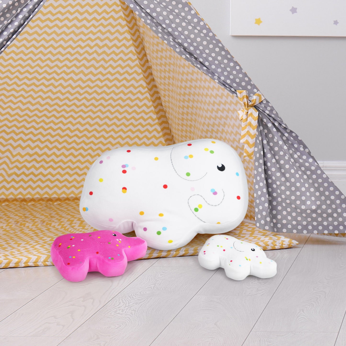 BenBen Elephant Plush Toys, Set of 3, 14”, 10” and 7.5” Cute Elephant Family Stuffed Animal Cookies, Kawaii Food Plushies Pillows, Fun Decorative Plush for Room Décor, White and Hot Pink PMT