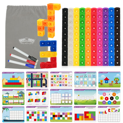 BenBen Math Cubes, 100Pcs Manipulatives Number Counting Blocks with 15 Sheets of Double-Sided Activity Cards