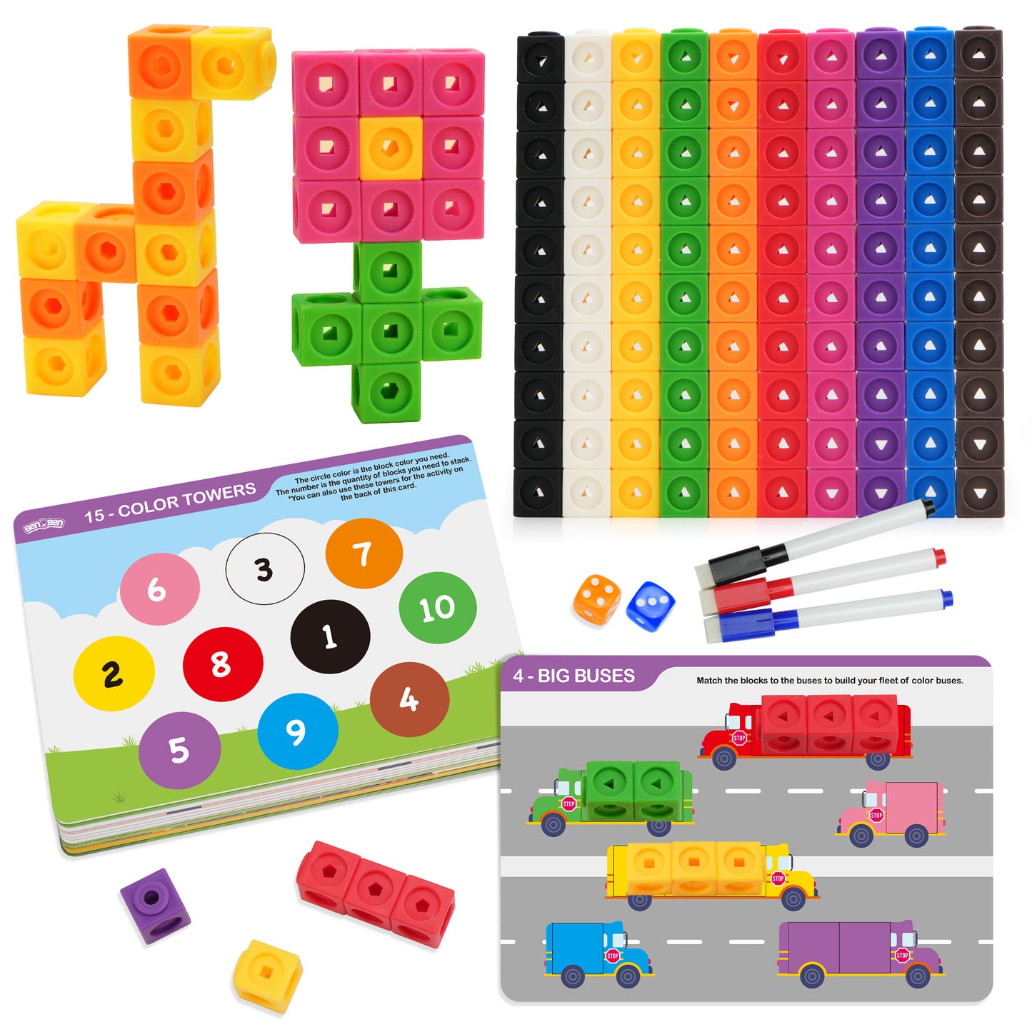 BenBen Math Cubes, 100Pcs Manipulatives Number Counting Blocks with 15 Sheets of Double-Sided Activity Cards