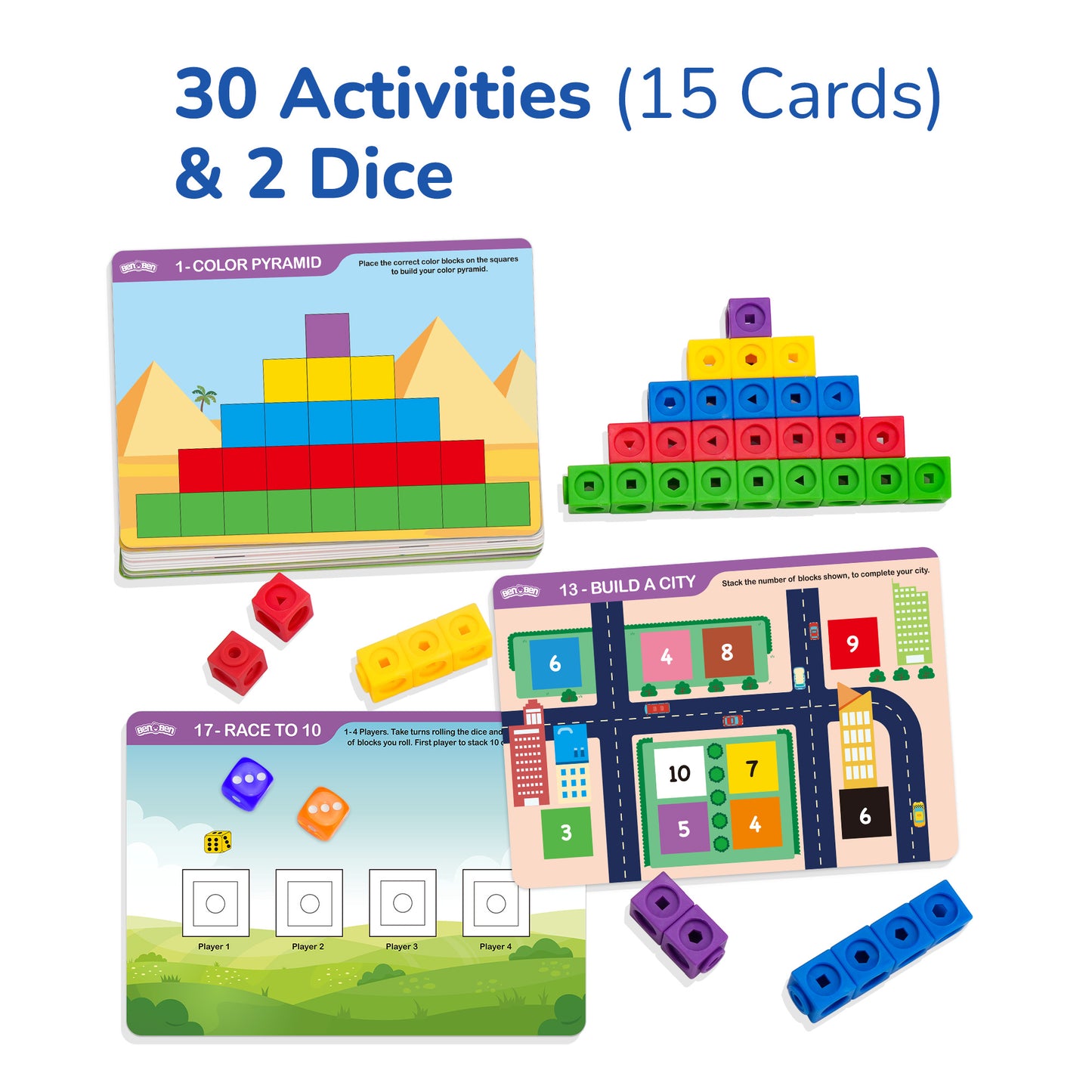 BenBen Math Cubes, 100Pcs Manipulatives Number Counting Blocks with 15 Sheets of Double-Sided Activity Cards