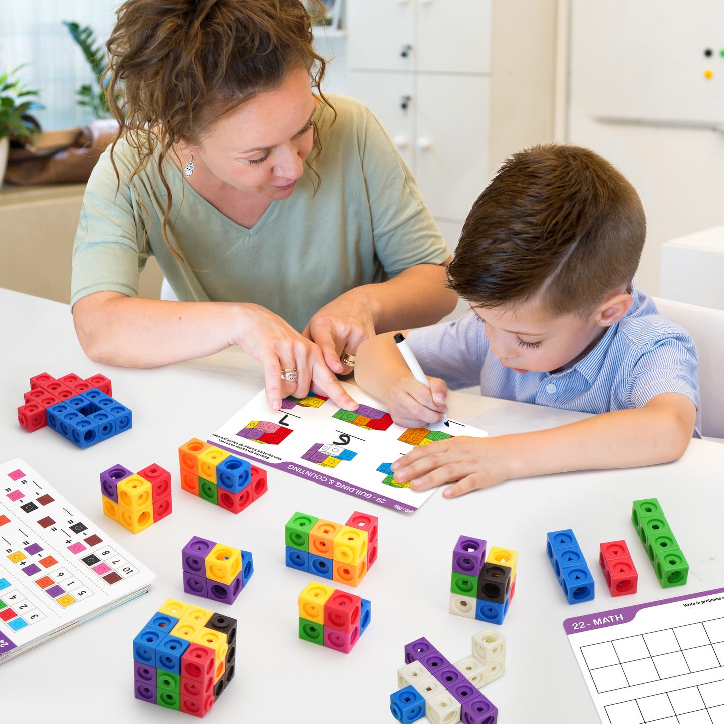 BenBen Math Cubes, 100Pcs Manipulatives Number Counting Blocks with 15 Sheets of Double-Sided Activity Cards