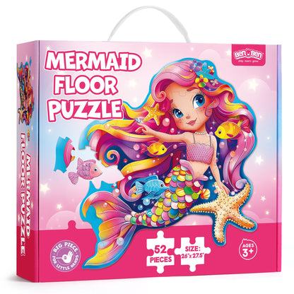 BenBen Mermaid Floor Puzzles, 26”x 27.5” Jigsaw Puzzles for Kids Ages 3 4 5 6 7 8, 52 Piece Large Puzzles for Toddlers, Mermaid Toys Birthday Gift for Girls Boys PMT