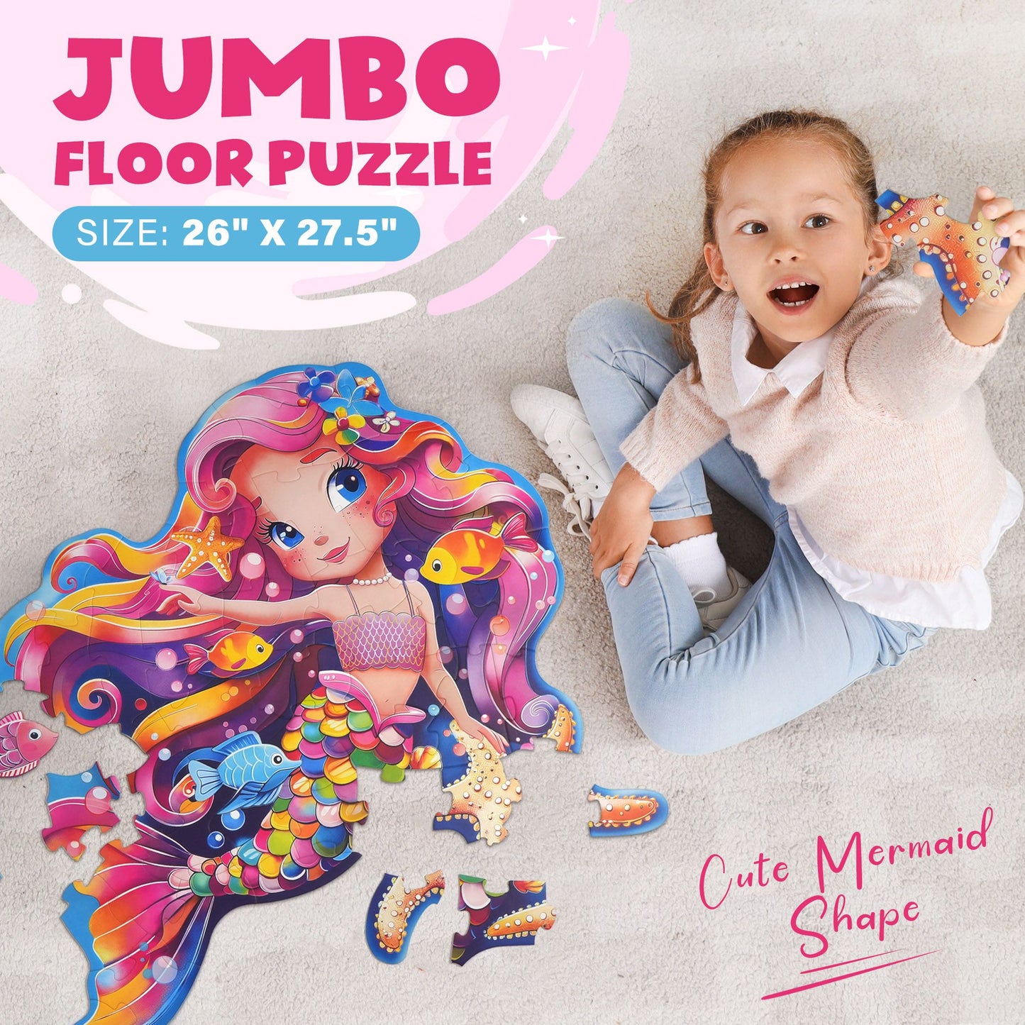 BenBen Mermaid Floor Puzzles, 26”x 27.5” Jigsaw Puzzles for Kids Ages 3 4 5 6 7 8, 52 Piece Large Puzzles for Toddlers, Mermaid Toys Birthday Gift for Girls Boys PMT