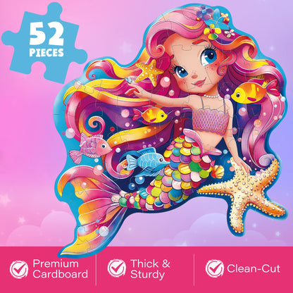 BenBen Puzzles for Kids Ages 4-6, Large 52 Piece Mermaid Floor Puzzles for Toddlers 3-5 Girls Boys