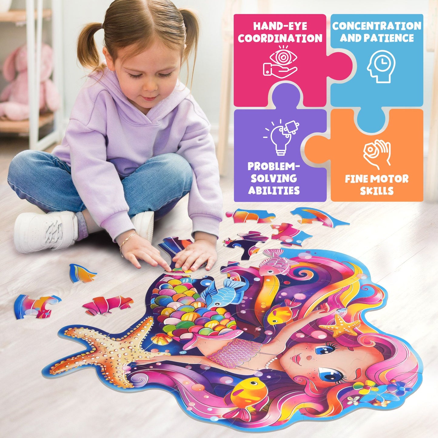 BenBen Mermaid Floor Puzzles, 26”x 27.5” Jigsaw Puzzles for Kids Ages 3 4 5 6 7 8, 52 Piece Large Puzzles for Toddlers, Mermaid Toys Birthday Gift for Girls Boys PMT