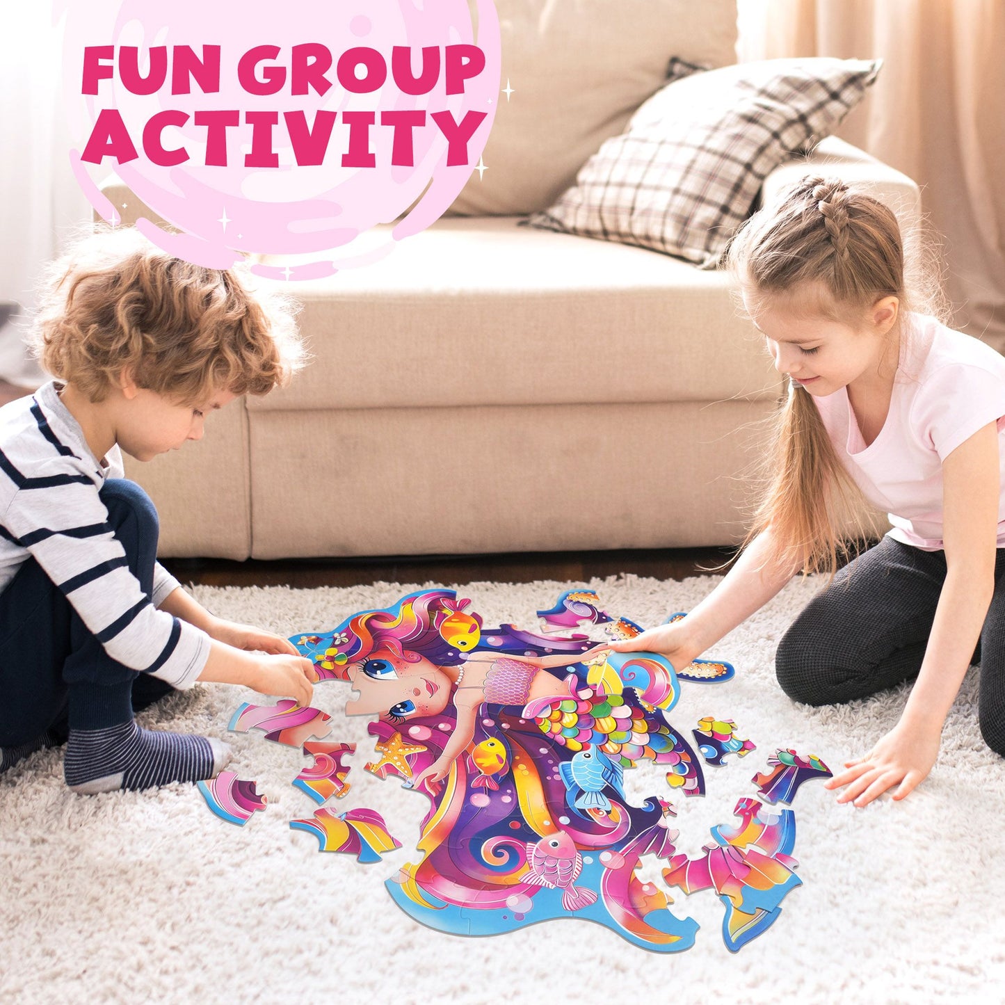 BenBen Puzzles for Kids Ages 4-6, Large 52 Piece Mermaid Floor Puzzles for Toddlers 3-5 Girls Boys