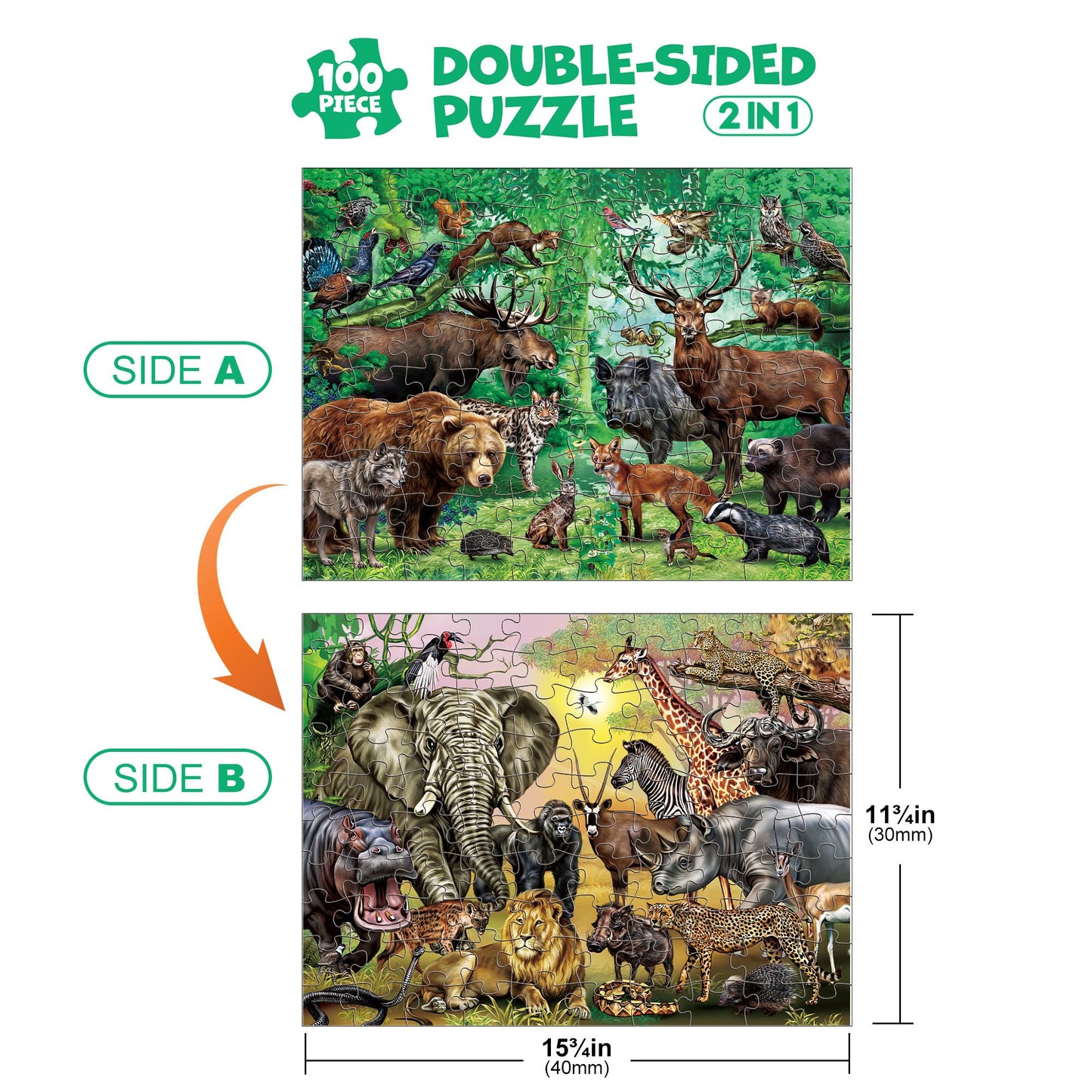 BenBen Double-Sided Jigsaw Puzzles 100 Pieces for Kids 4-8, Jungle Animal Puzzle Toys for Boys Girls