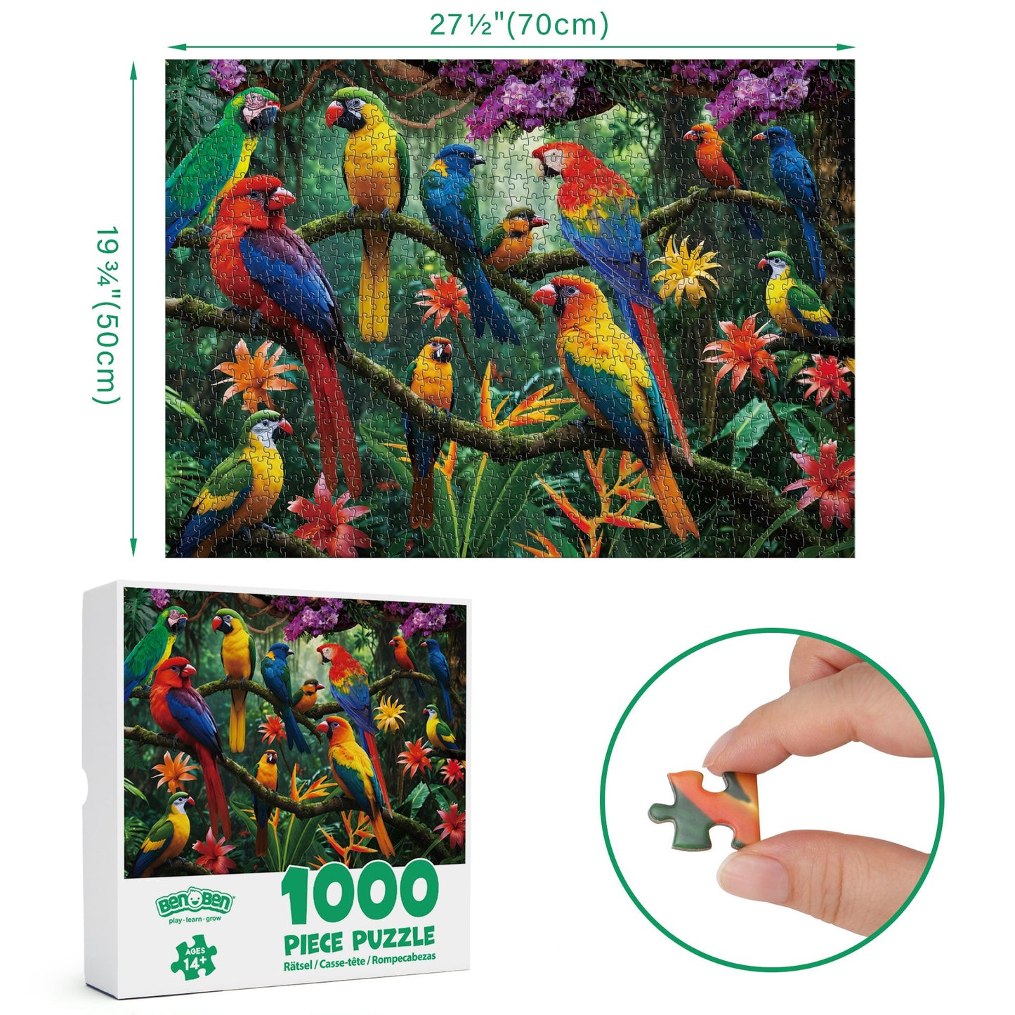 BenBen Jigsaw Puzzles 1000 Pieces for Adults Ages 12+, Parrots in the Jungle, 27.5 x 19.7 in WMT