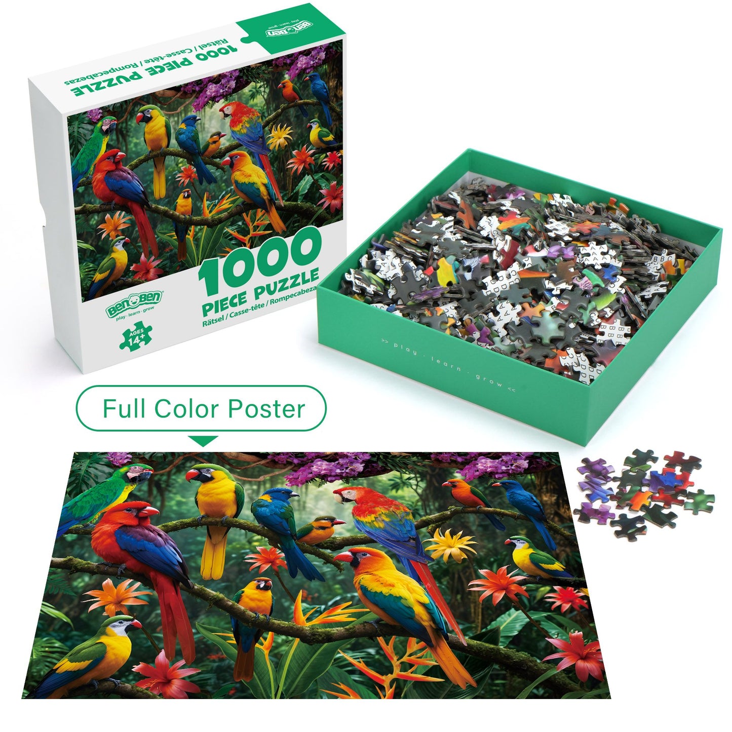 BenBen Jigsaw Puzzles 1000 Pieces for Adults Ages 12+, Parrots in the Jungle, 27.5 x 19.7 in WMT