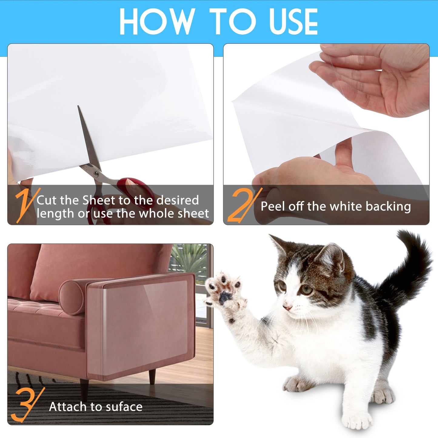 Prime Pets 8 Pack Cat Scratch Couch Protector, Cat Scratch Furniture Deterrent Tape with Pins, Clear