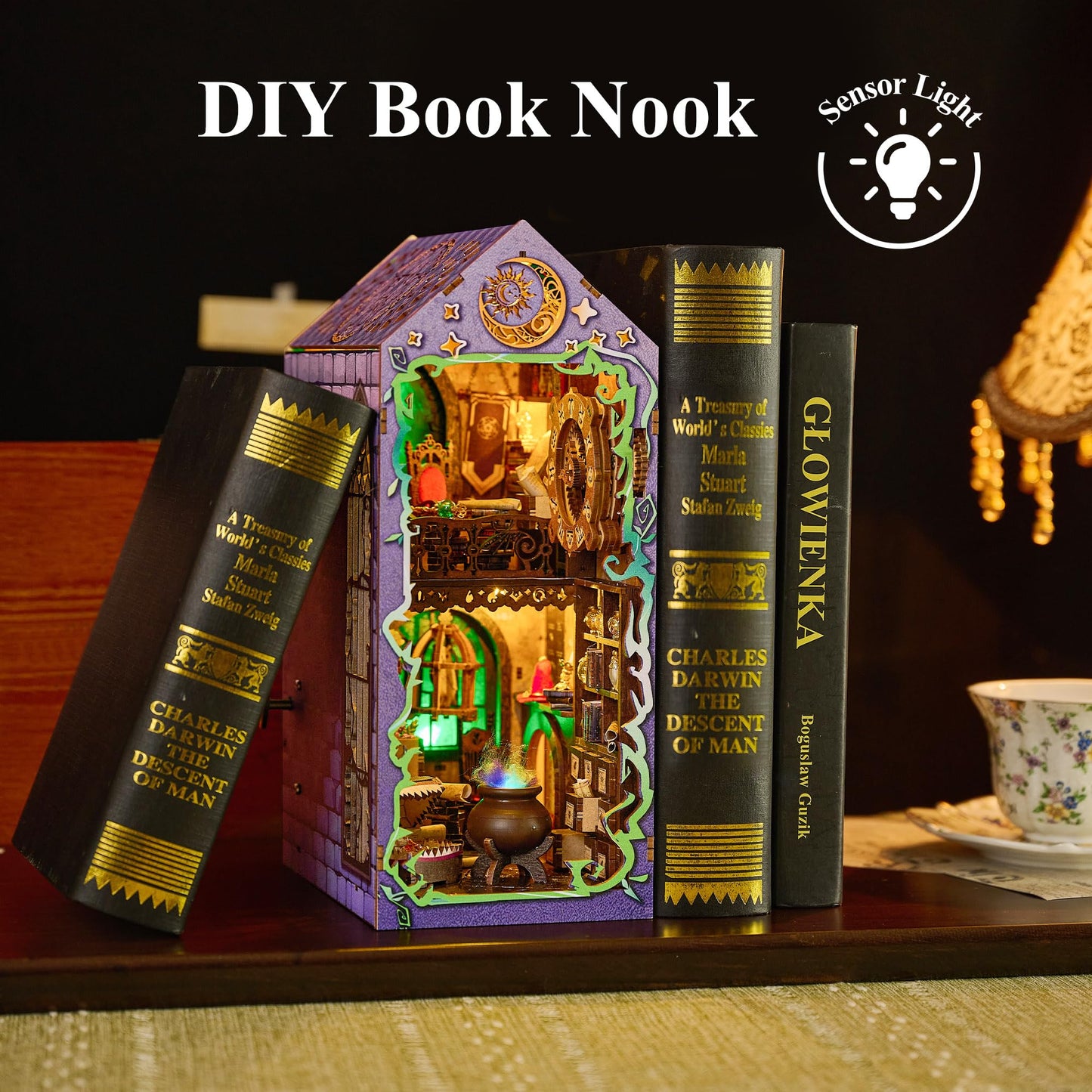 BenBen Book Nook Kit, DIY Miniature House Kit for Adults, Teens, Dollhouse Booknook to Build, Bookshelf Insert Diorama, 3D Wooden Puzzle Book Shelf Décor, Mystic Theurge’s Hut