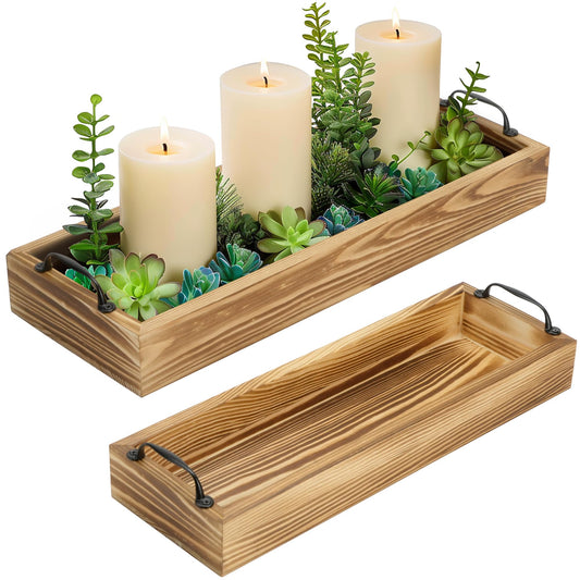 LotFancy Wooden Decorative Tray, Set of 2, Long Rustic Centerpiece Tray for Dining Room, Coffee Table Décor, Rectangle Farmhouse Tray with Handles, Candle Holder Ottoman Tray