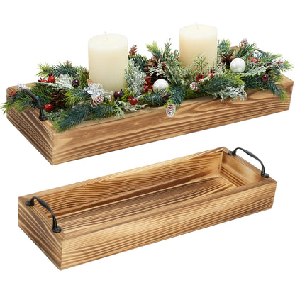 LotFancy Wooden Decorative Tray, Set of 2, Long Rustic Centerpiece Tray for Dining Room, Coffee Table Décor, Rectangle Farmhouse Tray with Handles, Candle Holder Ottoman Tray