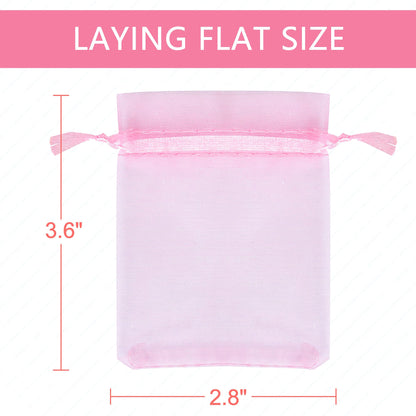 LotFancy 100Pcs Sheer Pink Organza Bags, 2.8x3.6” Small Mesh Jewelry Bags, Drawstring Gift Bags for Party Wedding Favor