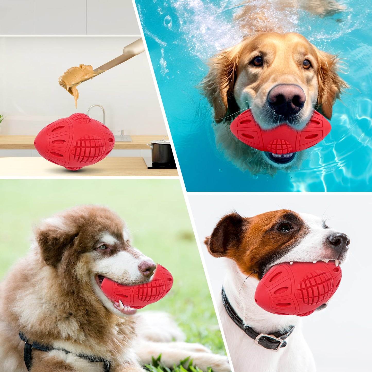 PrimePets Dog Toys for Aggressive Chewers, Tough Rubber Chew Toy for Large Medium Dogs, Red, Squeaky Dog Football for Interactive Fetching, Teeth Cleaning