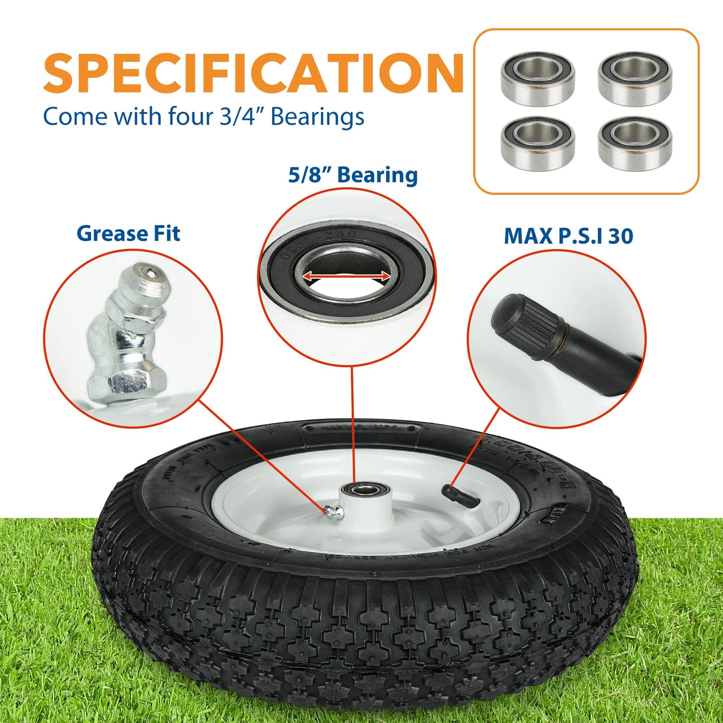 LotFancy 4.80/4.00-8” Tire and Wheel, 2 Pack 16” Pneumatic Wheelbarrow Tire, 5/8” Bearings, 3-7” Centered Hub, Replacement for Wheelbarrows, Garden and Utility Carts, Trolleys, Wagon