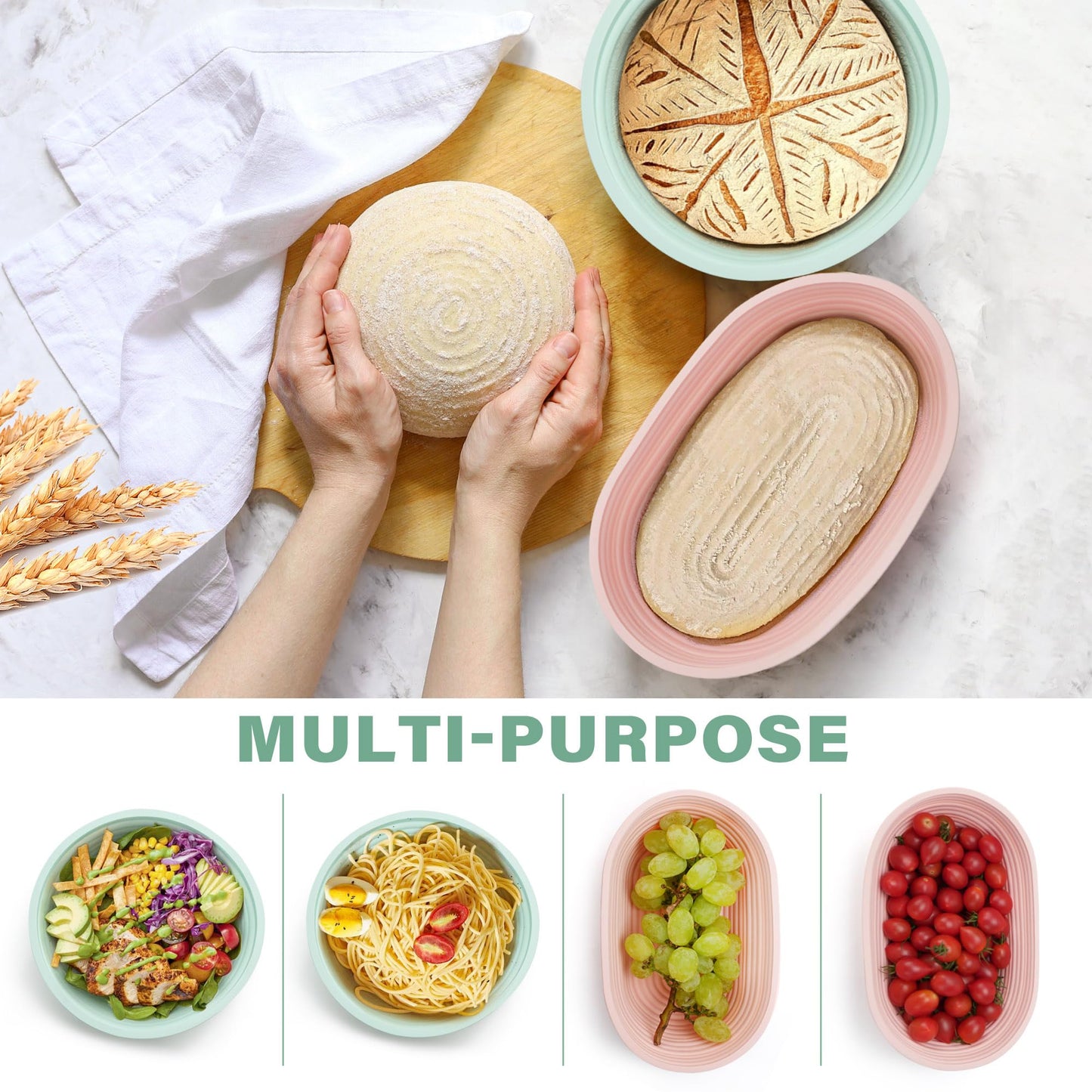 LotFancy Silicone Banneton Bread Proofing Baskets w/Liners, 9" Round&10" Oval, Sourdough Starter Kit