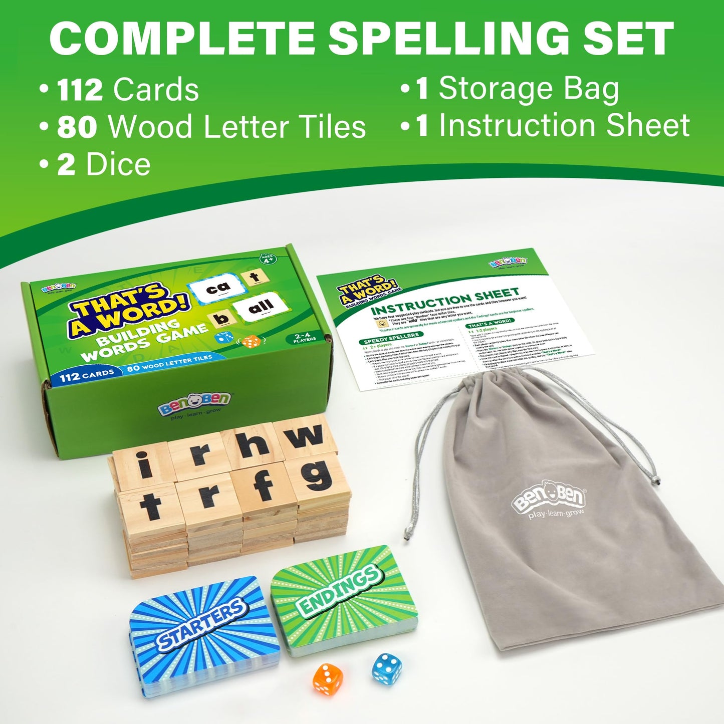 BenBen Family Spelling Games with 112 Flash Cards & Wooden Letter Tiles, CVC Sight Word Building Phonics Game for Kids Ages 4+ & Adults, 1–4 Players, Learning Toys for Home or Classroom