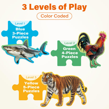 48Pcs Animal Jigsaw and Toddler Puzzles,12 Animals, 4 5-Piece Animals, 4 4-Piece Animals, 4 3-Piece Animals