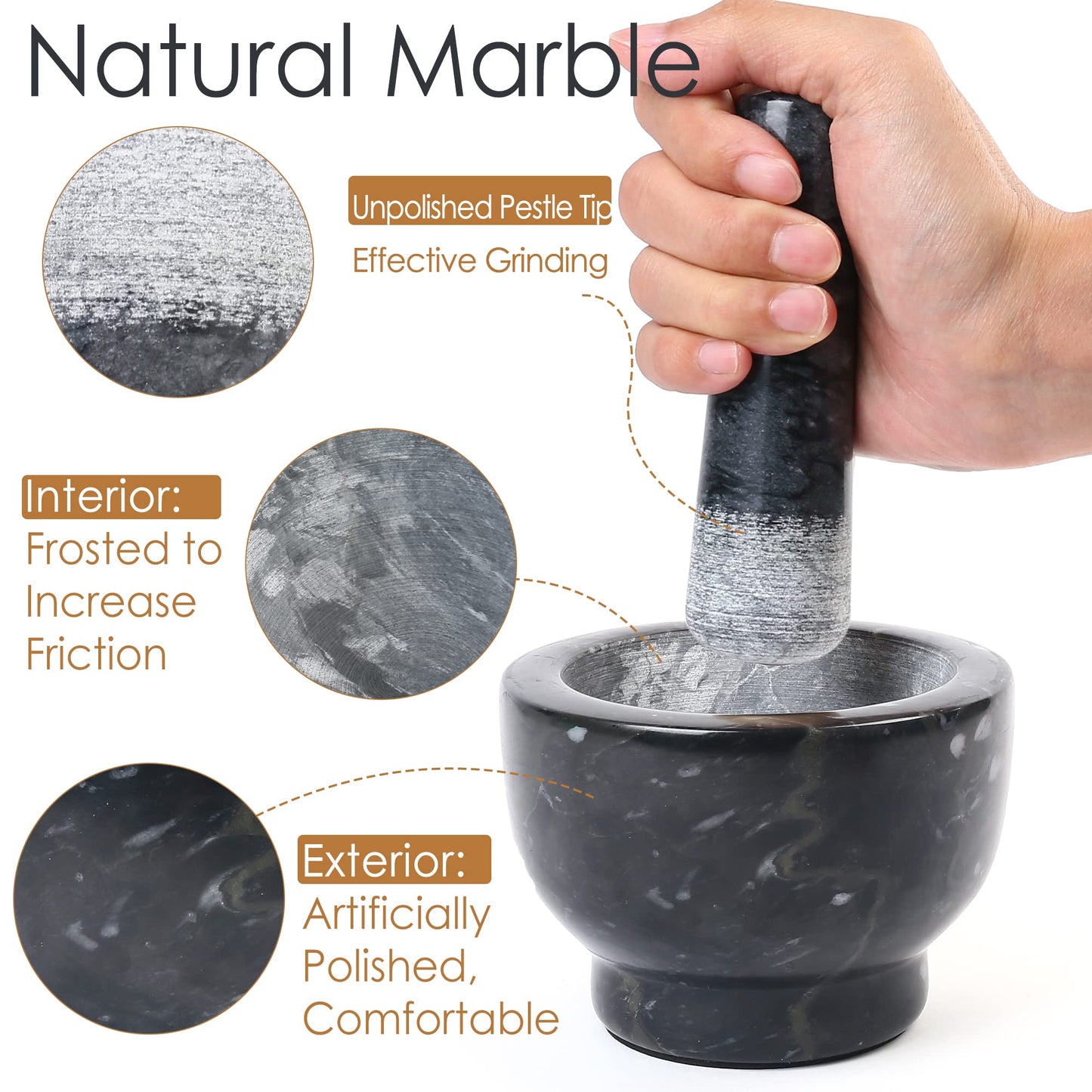 LotFancy Mortar and Pestle Set, 5 inch Large Black Solid Marble Mortar for Guacamole
