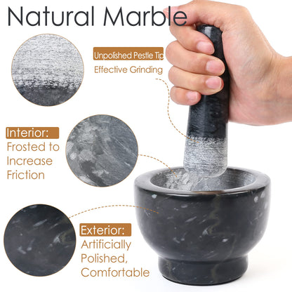 LotFancy Mortar and Pestle Set, 5 inch Large Black Solid Marble Mortar for Guacamole