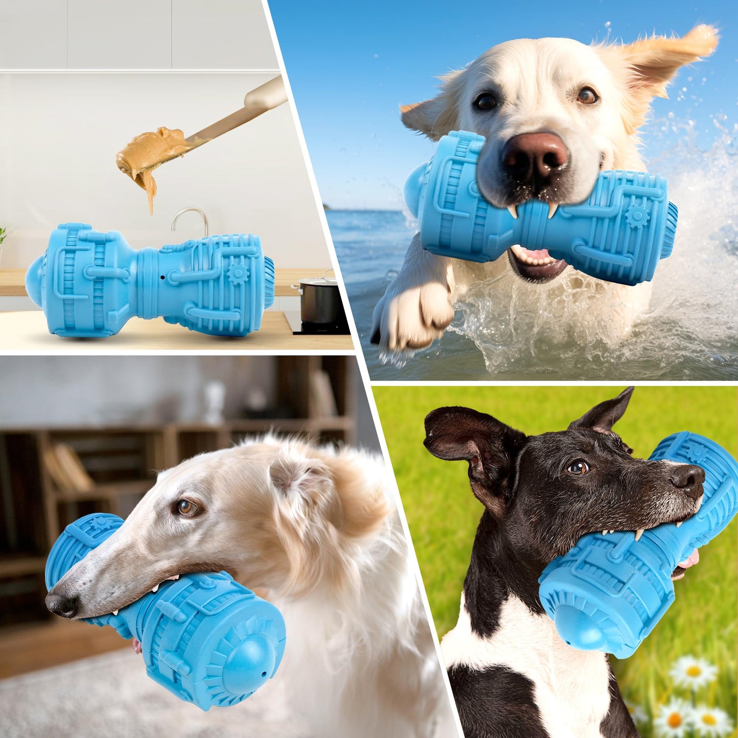 Prime Pets Dog Chew Toy, Squeaky Dog Toy for Large Medium Dogs, Blue Rubber Enrichment Toy for Interactive Play, Teeth Cleaning, Milk Flavored Dental Chew Toy PMT