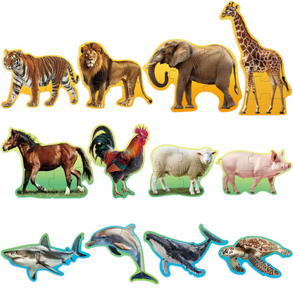 48Pcs Animal Jigsaw and Toddler Puzzles,12 Animals, 4 5-Piece Animals, 4 4-Piece Animals, 4 3-Piece Animals