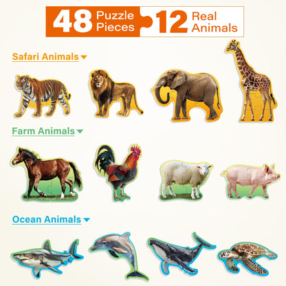 48Pcs Animal Jigsaw and Toddler Puzzles,12 Animals, 4 5-Piece Animals, 4 4-Piece Animals, 4 3-Piece Animals