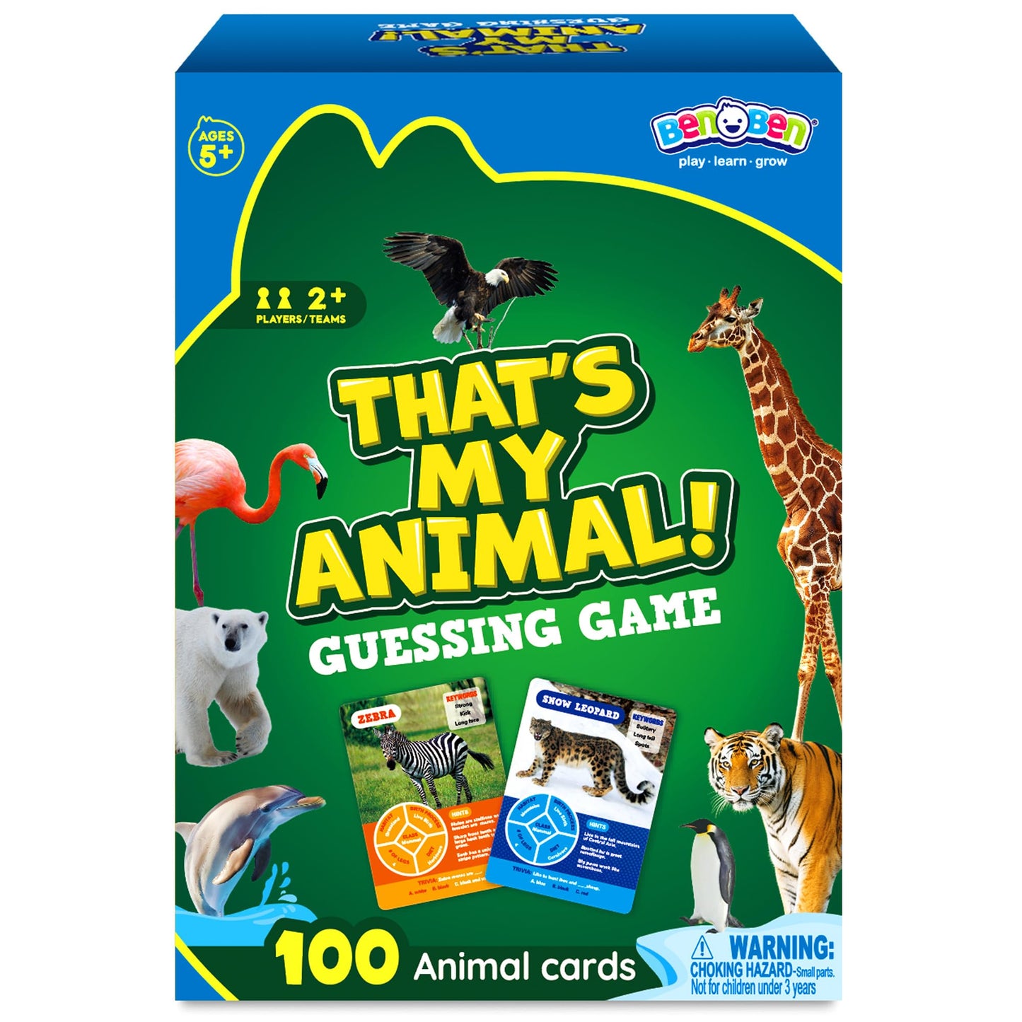 BenBen Guess The Animal Card Games for Kids Family, 100 Cards, Educational Board Games for Travel, Classroom, Camping, Party, Car, Airplane, Road Trip Activities for Boys, Girls Ages 5+
