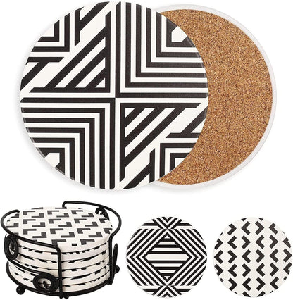 LotFancy Absorbent Coasters for Drinks Absorbent with Holder, 6PCS 4" Round Ceramic Coasters with Cork Base