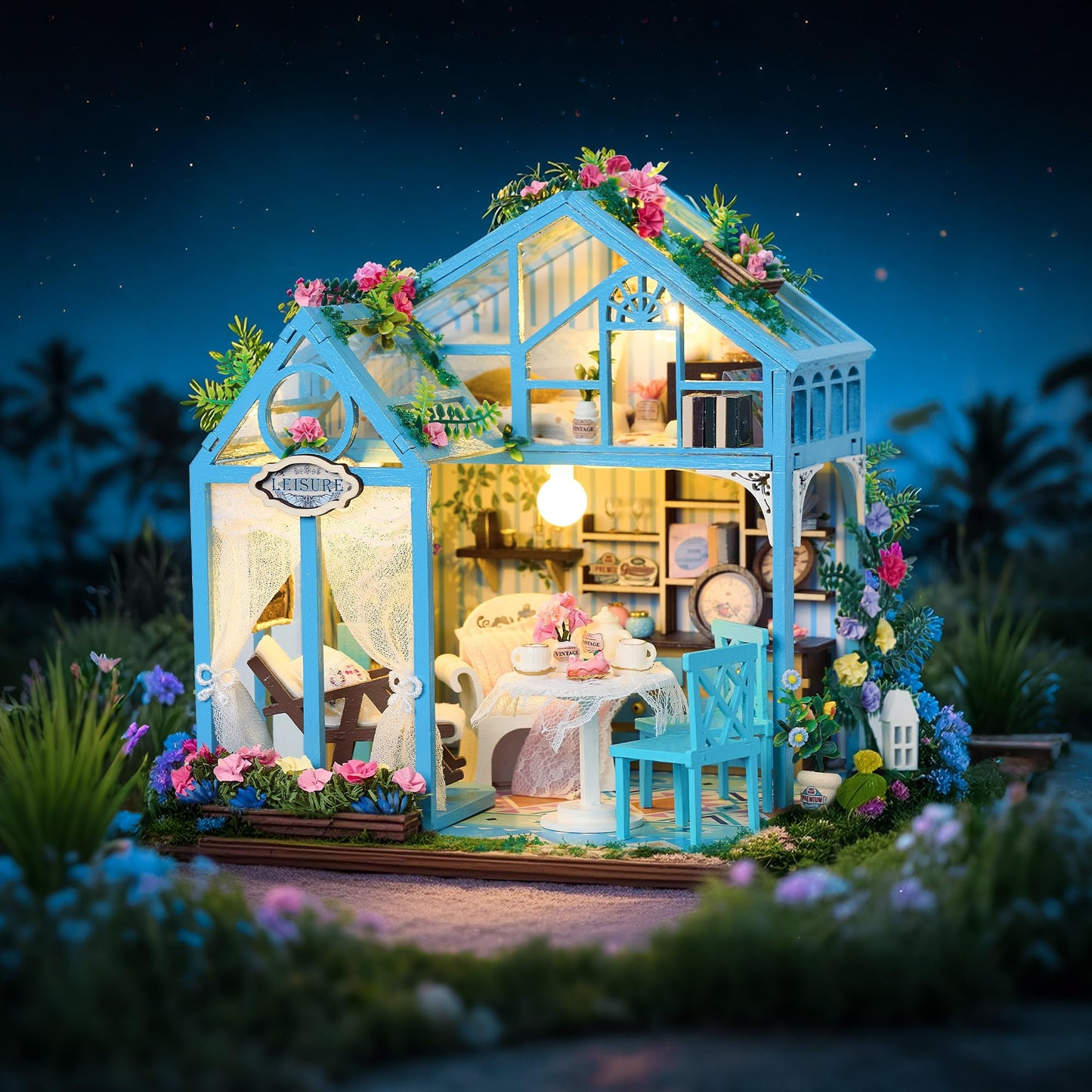 BenBen DIY Miniature House Kit, Garden Tea House Model Craft Kits for Adults, Teens, Mini House Building Kit with Furniture, LED Lights, Dollhouse Diorama to Build for Home Decor